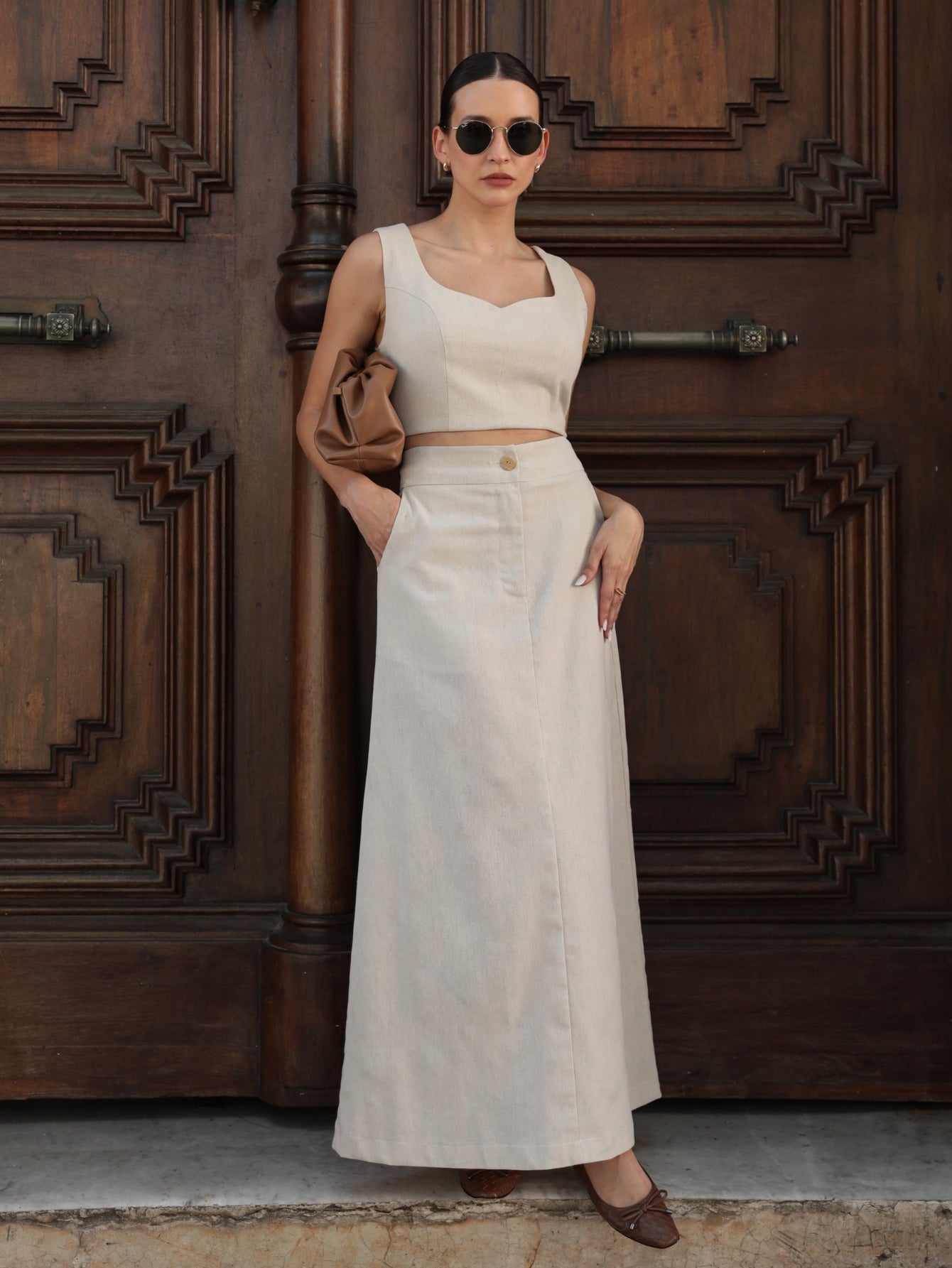 Conjunto de Linho Cropped Alças Grossas e Saia Longa Lisa - Taina