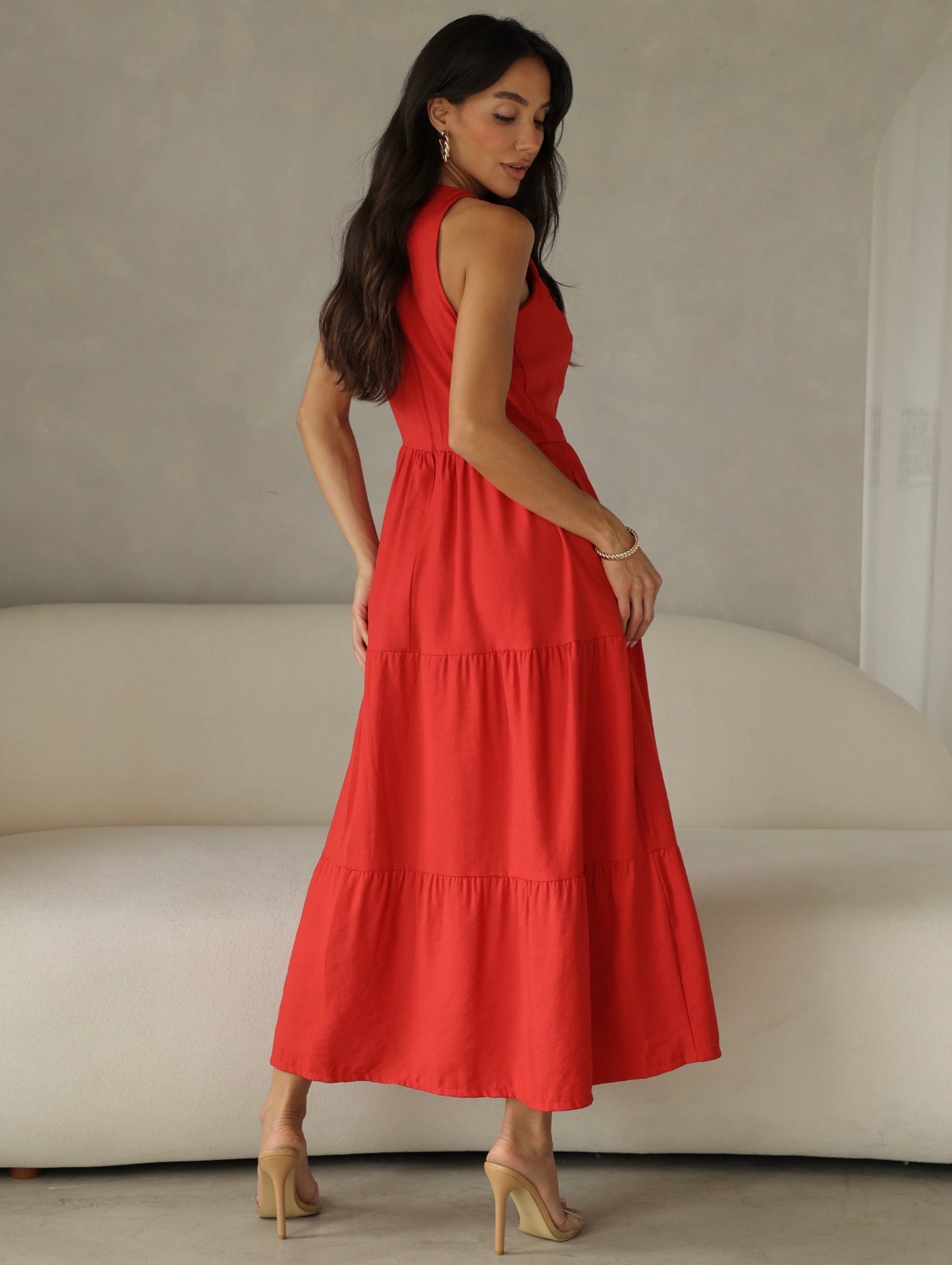 Vestido Longo Alfaiataria Sem Manga Zíper nas Costas Flora