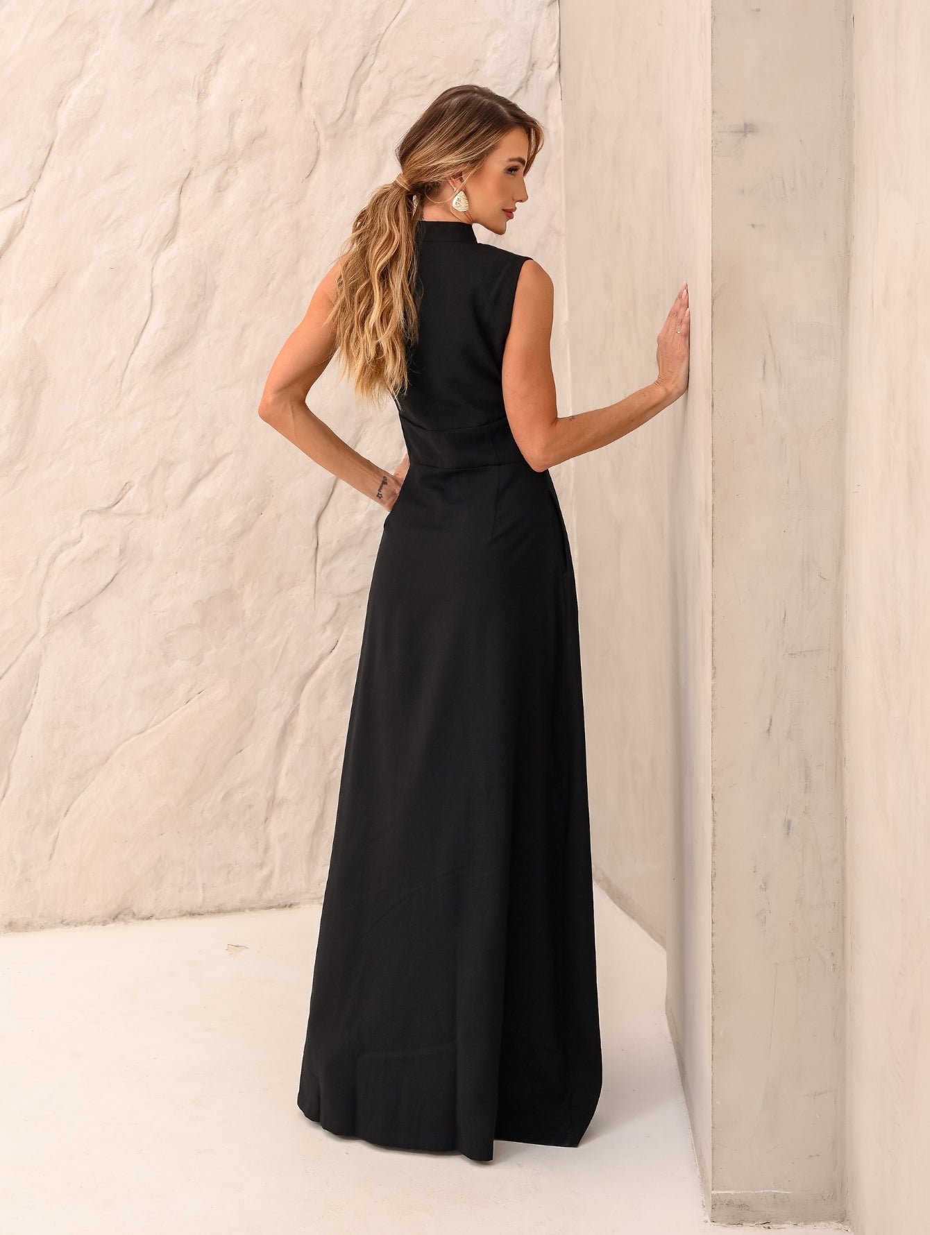 Vestido Longo Alfaiataria com Zíper Frontal Rosalia