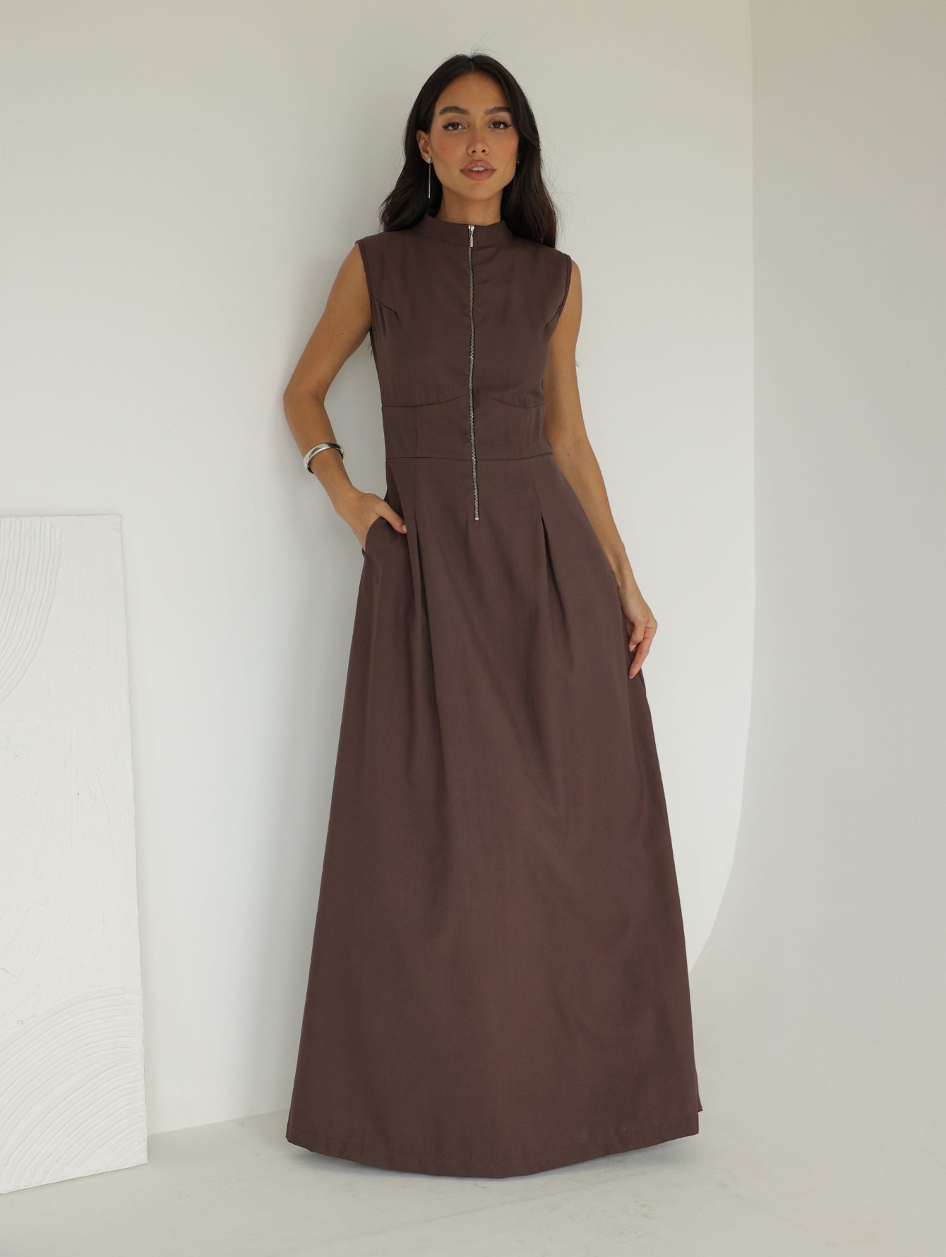 Vestido Longo Alfaiataria com Zíper Frontal Rosalia