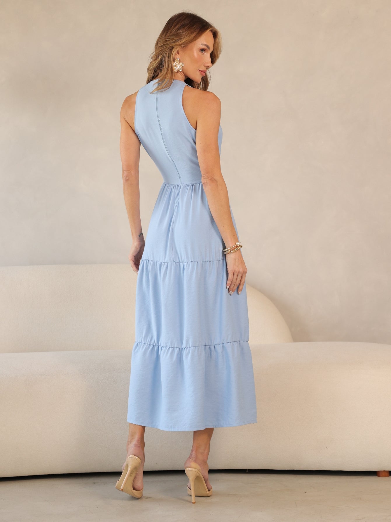 Vestido Longo Alfaiataria Sem Manga Zíper nas Costas Flora