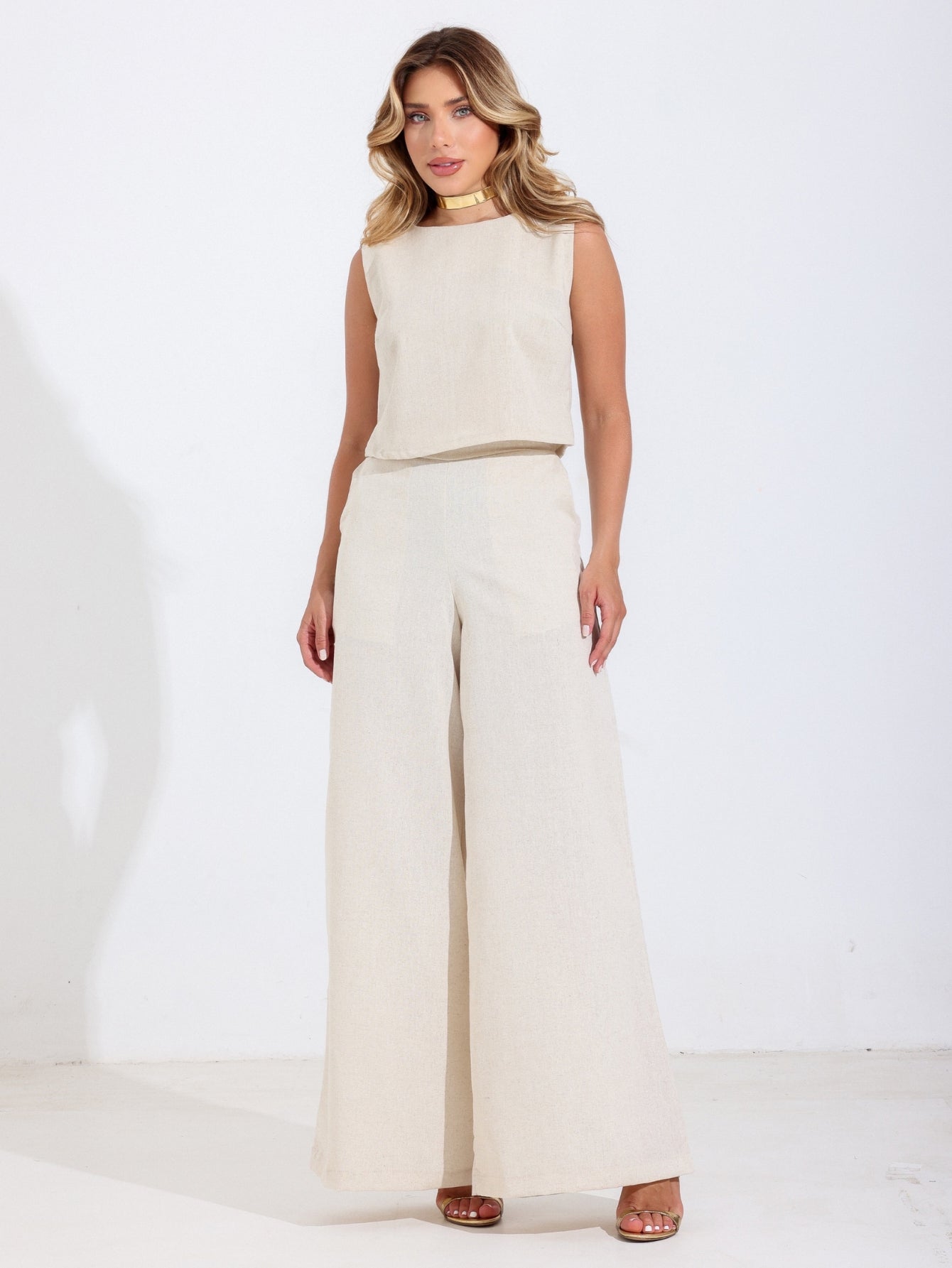 Conjunto de Linho Calça Pantalona e Blusa Regata Stella