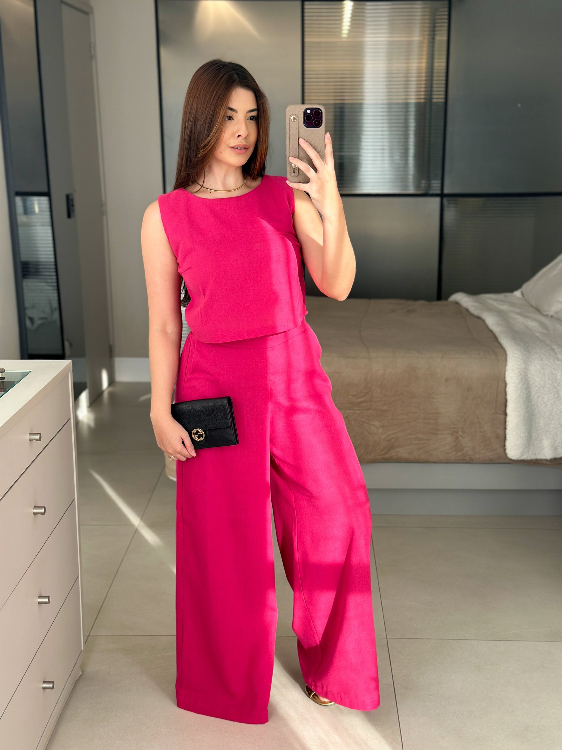 Conjunto de Linho Calça Pantalona e Blusa Regata Stella