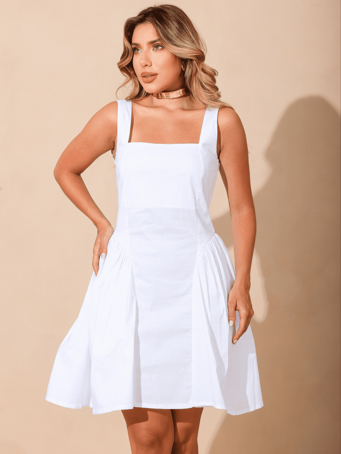 Vestido Celeste em Tricoline com Elastano