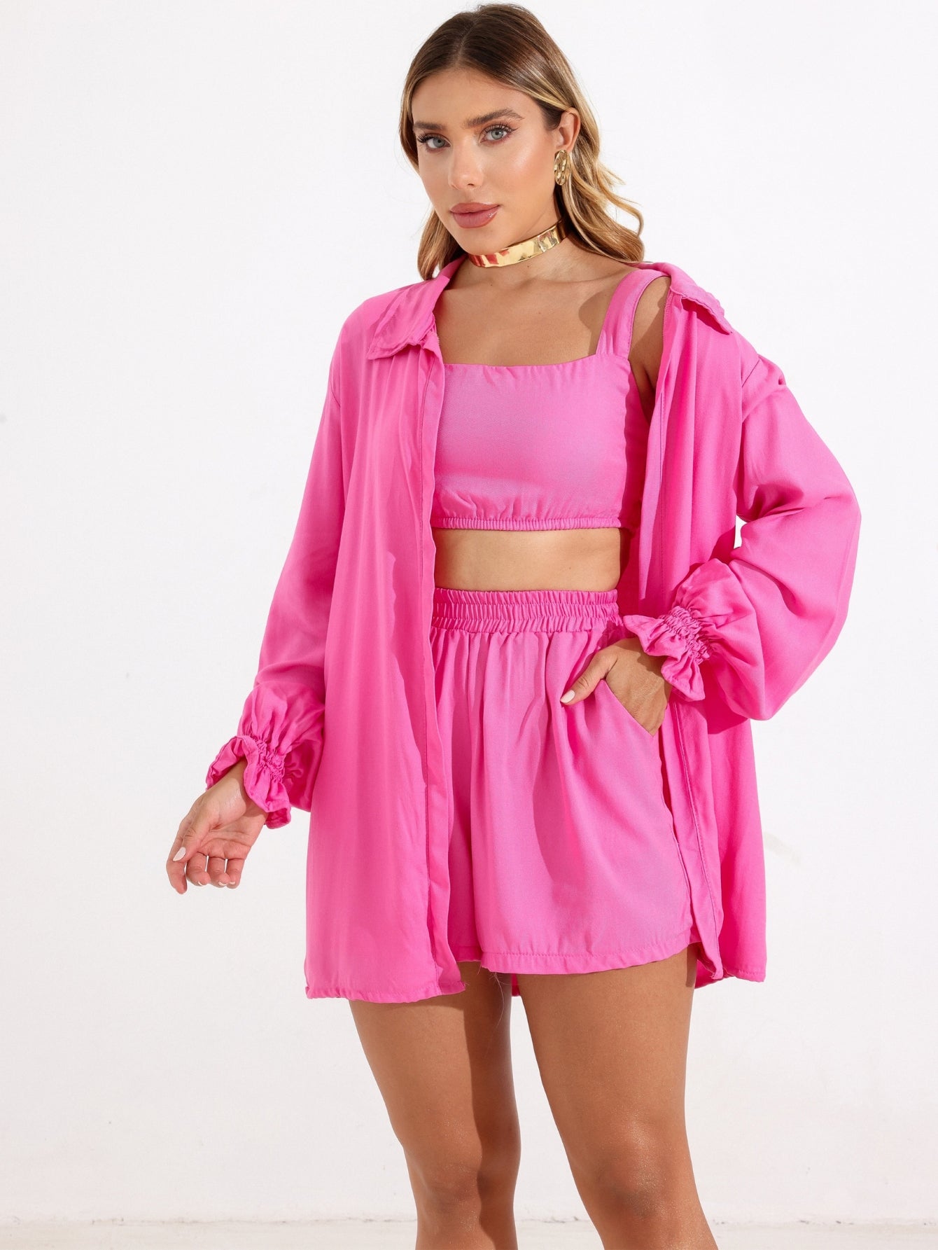 Conjunto Comfy Cropped + Short + Kimono Casual Marcela