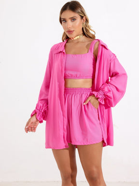 Conjunto Comfy Cropped + Short + Kimono Casual Marcela