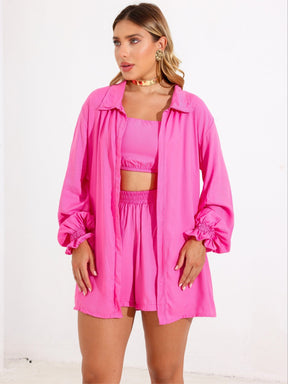 Conjunto Comfy Cropped + Short + Kimono Casual Marcela