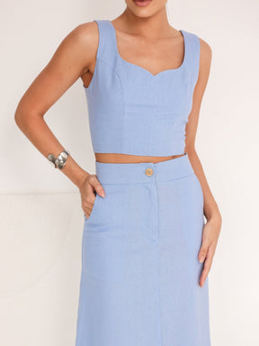 Conjunto de Linho Cropped Alças Grossas e Saia Longa Lisa - Taina