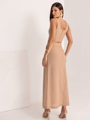 Conjunto de Linho Cropped Alças Grossas e Saia Longa Lisa - Taina