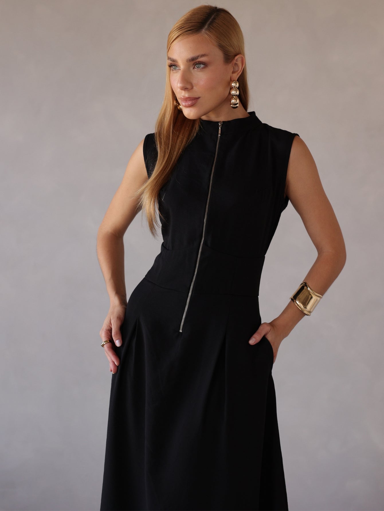 Vestido Longo Alfaiataria com Zíper Frontal Rosalia