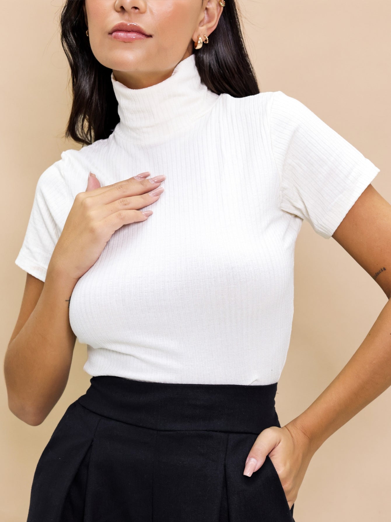 Blusa Manga Curta Canelada Gola alta Cacharrel