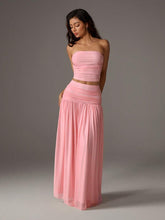 TRNVIE 2 peças Conjunto Feminino, Top Bandeau Rosa Romântico em Tela e Saia Plissada Longa em Tela de Cintura Alta, Conjunto de Férias Primavera/Verão