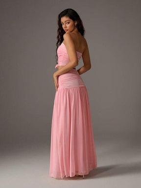 TRNVIE 2 peças Conjunto Feminino, Top Bandeau Rosa Romântico em Tela e Saia Plissada Longa em Tela de Cintura Alta, Conjunto de Férias Primavera/Verão