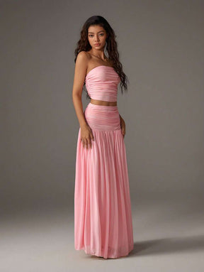 TRNVIE 2 peças Conjunto Feminino, Top Bandeau Rosa Romântico em Tela e Saia Plissada Longa em Tela de Cintura Alta, Conjunto de Férias Primavera/Verão