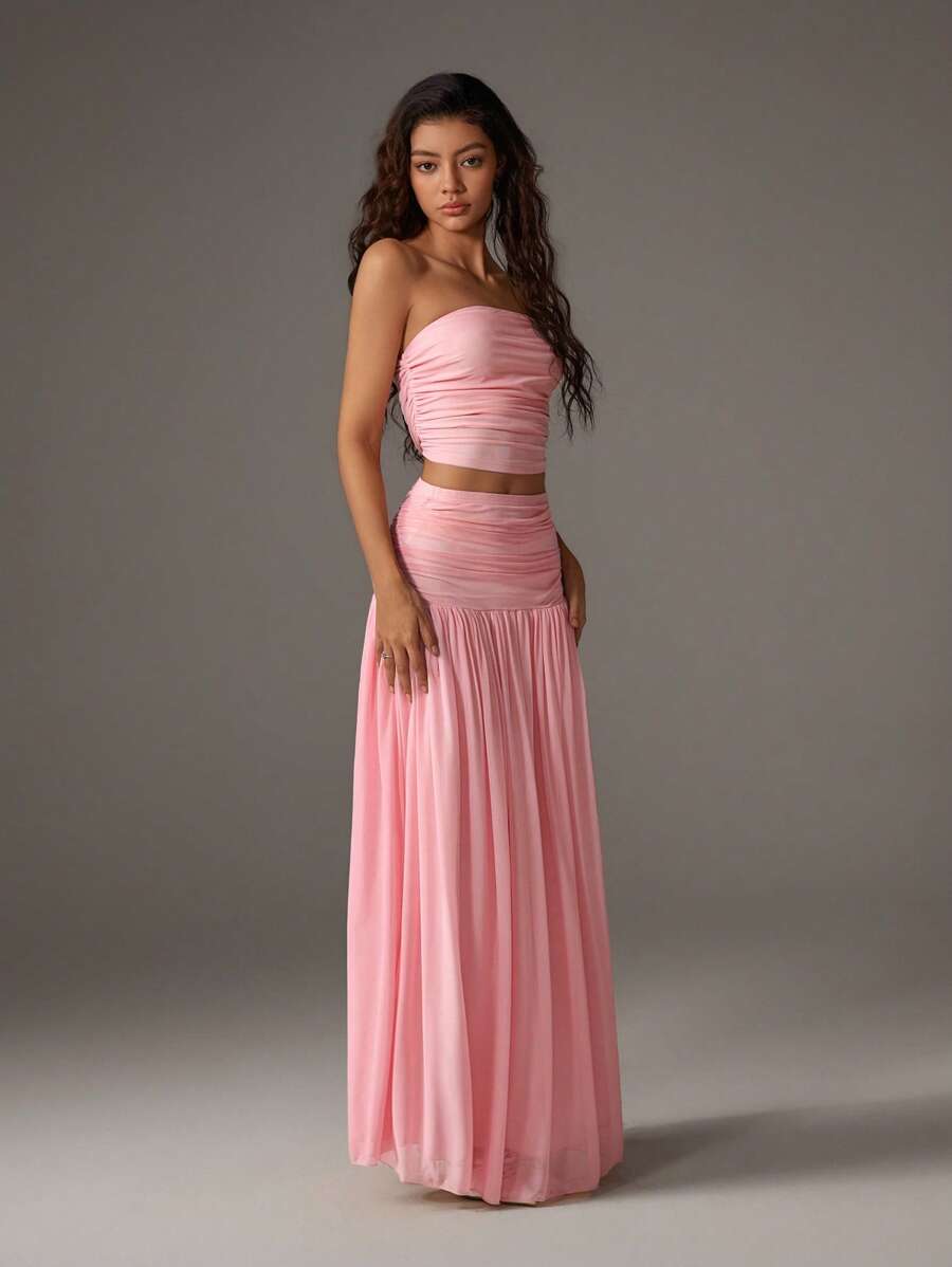 TRNVIE 2 peças Conjunto Feminino, Top Bandeau Rosa Romântico em Tela e Saia Plissada Longa em Tela de Cintura Alta, Conjunto de Férias Primavera/Verão