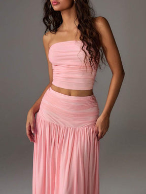 TRNVIE 2 peças Conjunto Feminino, Top Bandeau Rosa Romântico em Tela e Saia Plissada Longa em Tela de Cintura Alta, Conjunto de Férias Primavera/Verão