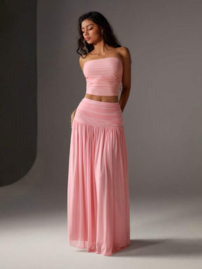 TRNVIE 2 peças Conjunto Feminino, Top Bandeau Rosa Romântico em Tela e Saia Plissada Longa em Tela de Cintura Alta, Conjunto de Férias Primavera/Verão