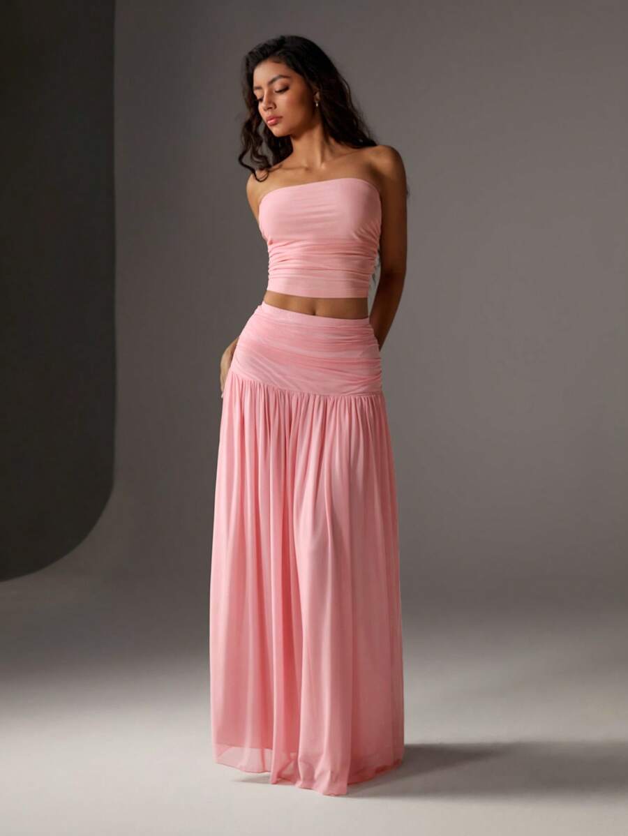 TRNVIE 2 peças Conjunto Feminino, Top Bandeau Rosa Romântico em Tela e Saia Plissada Longa em Tela de Cintura Alta, Conjunto de Férias Primavera/Verão