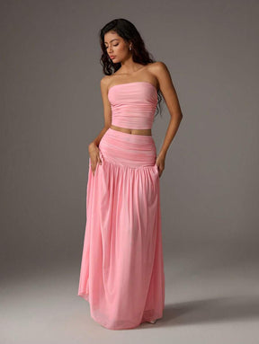 TRNVIE 2 peças Conjunto Feminino, Top Bandeau Rosa Romântico em Tela e Saia Plissada Longa em Tela de Cintura Alta, Conjunto de Férias Primavera/Verão
