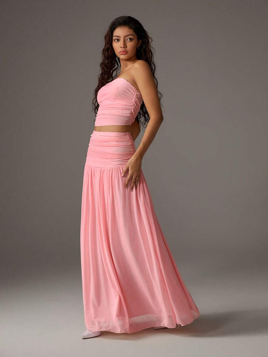 TRNVIE 2 peças Conjunto Feminino, Top Bandeau Rosa Romântico em Tela e Saia Plissada Longa em Tela de Cintura Alta, Conjunto de Férias Primavera/Verão