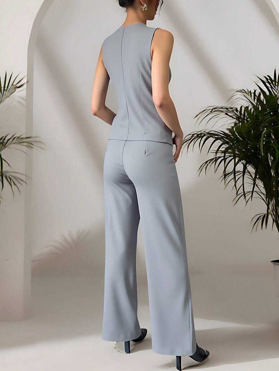 Zalla Conjunto colete curto e calça de alfaiataria feminino com botões social e elegante