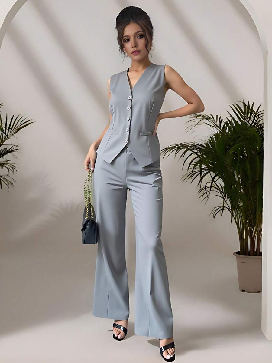 Zalla Conjunto colete curto e calça de alfaiataria feminino com botões social e elegante