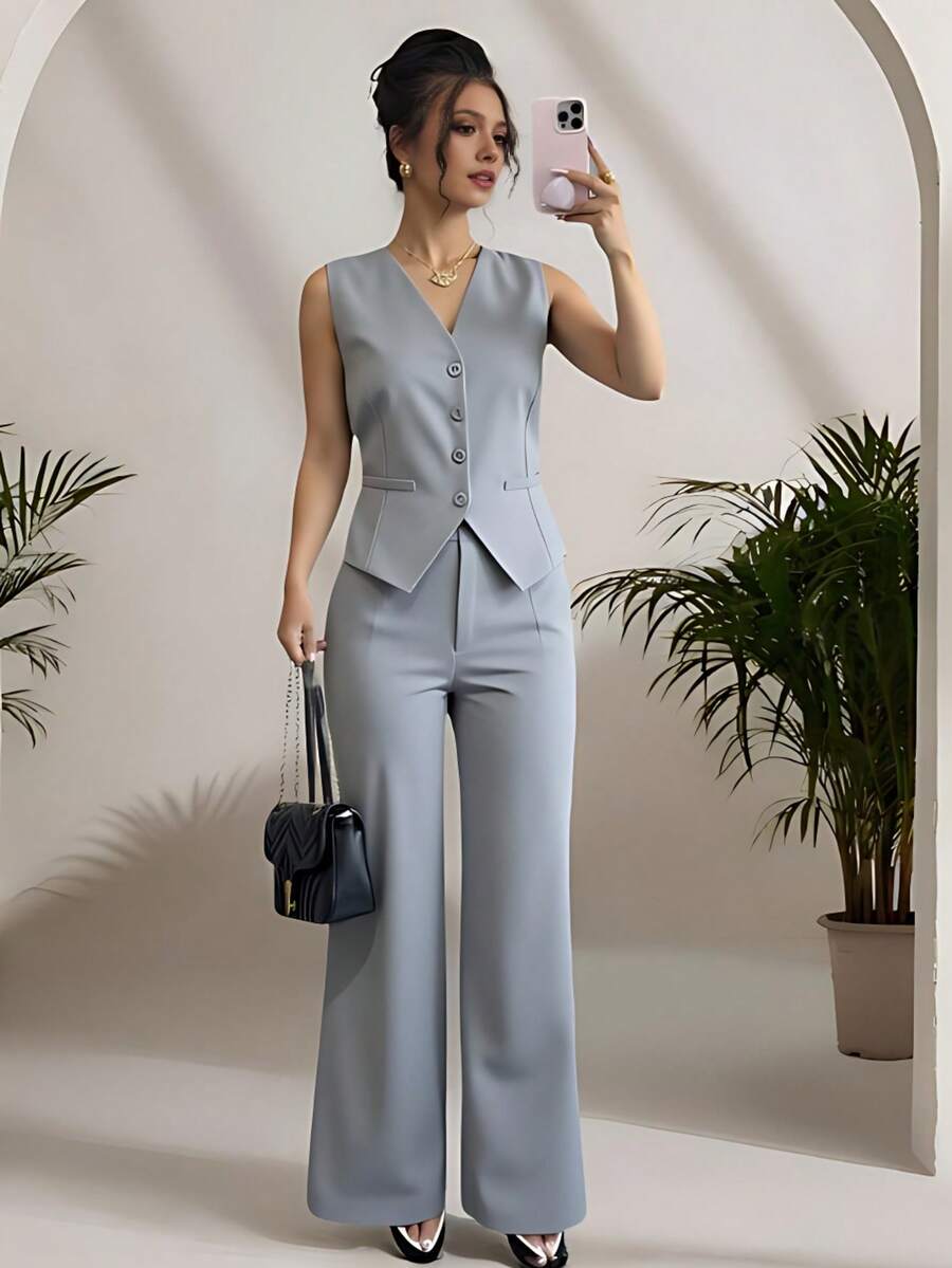 Zalla Conjunto colete curto e calça de alfaiataria feminino com botões social e elegante