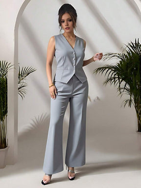 Zalla Conjunto colete curto e calça de alfaiataria feminino com botões social e elegante