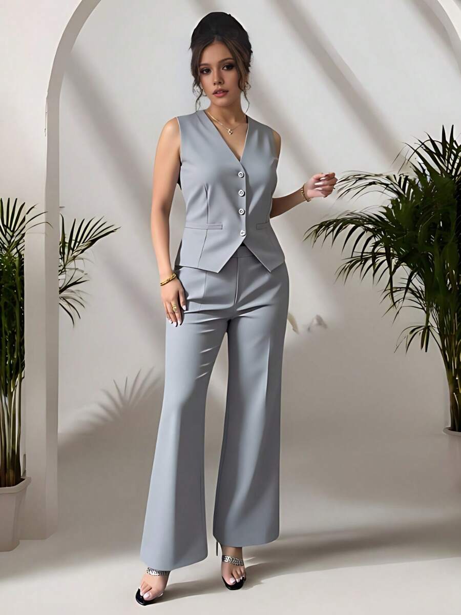 Zalla Conjunto colete curto e calça de alfaiataria feminino com botões social e elegante