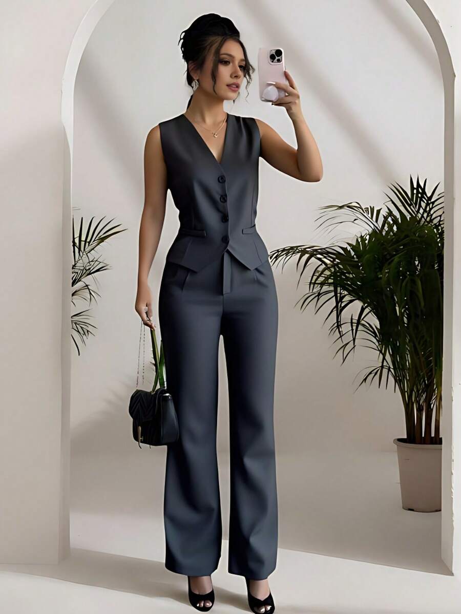 Zalla Conjunto colete curto e calça de alfaiataria feminino com botões social e elegante