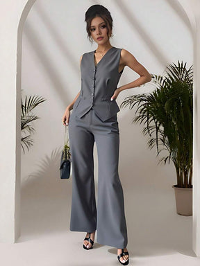 Zalla Conjunto colete curto e calça de alfaiataria feminino com botões social e elegante