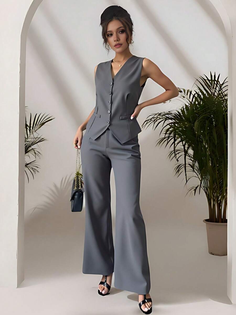Zalla Conjunto colete curto e calça de alfaiataria feminino com botões social e elegante