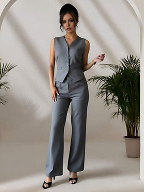 Zalla Conjunto colete curto e calça de alfaiataria feminino com botões social e elegante