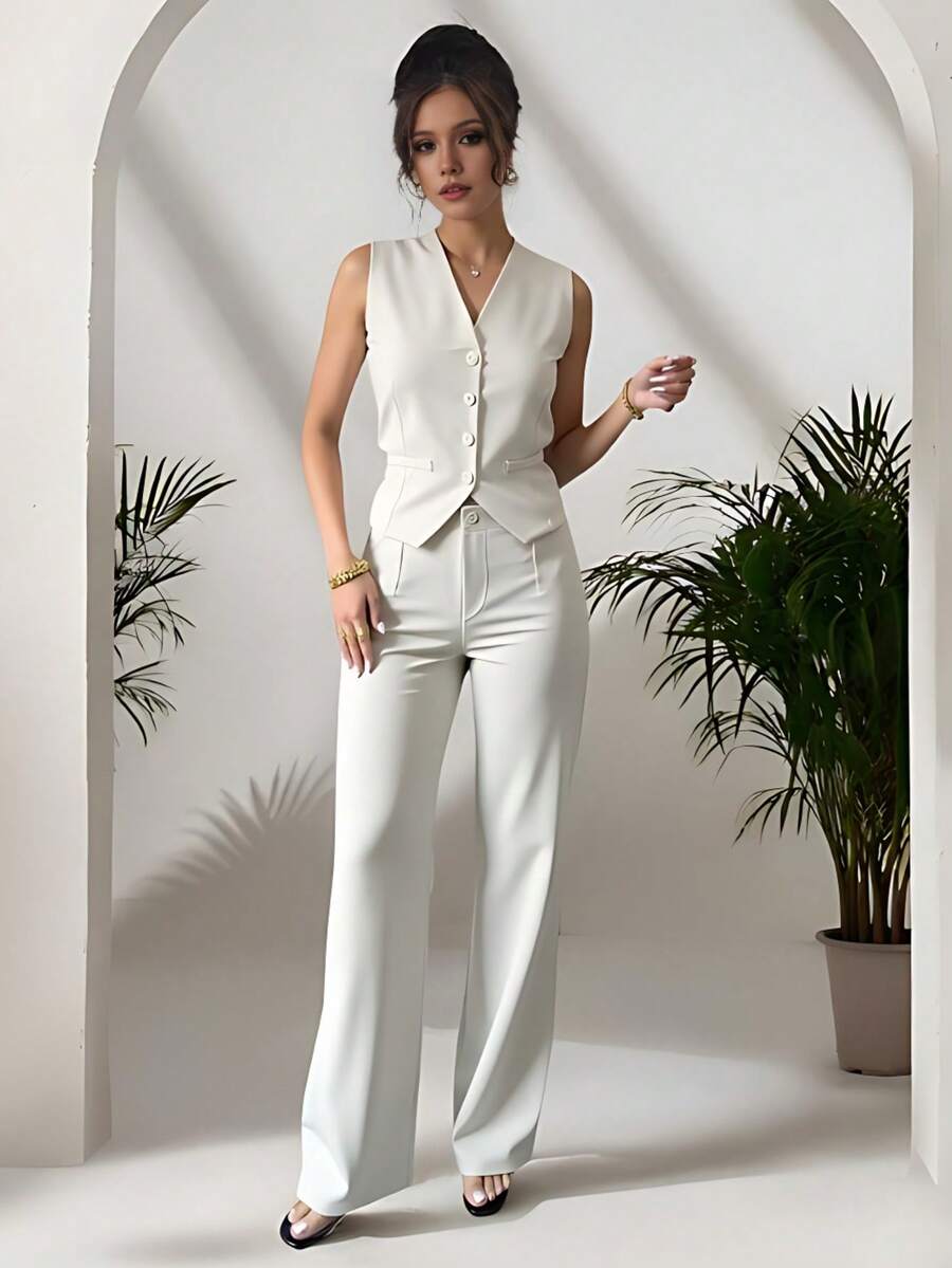 Zalla Conjunto colete curto e calça de alfaiataria feminino com botões social e elegante