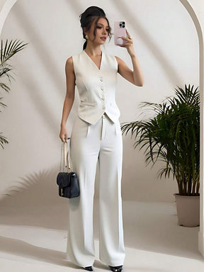 Zalla Conjunto colete curto e calça de alfaiataria feminino com botões social e elegante