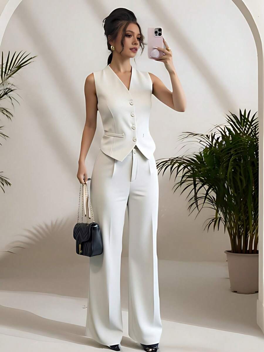 Zalla Conjunto colete curto e calça de alfaiataria feminino com botões social e elegante