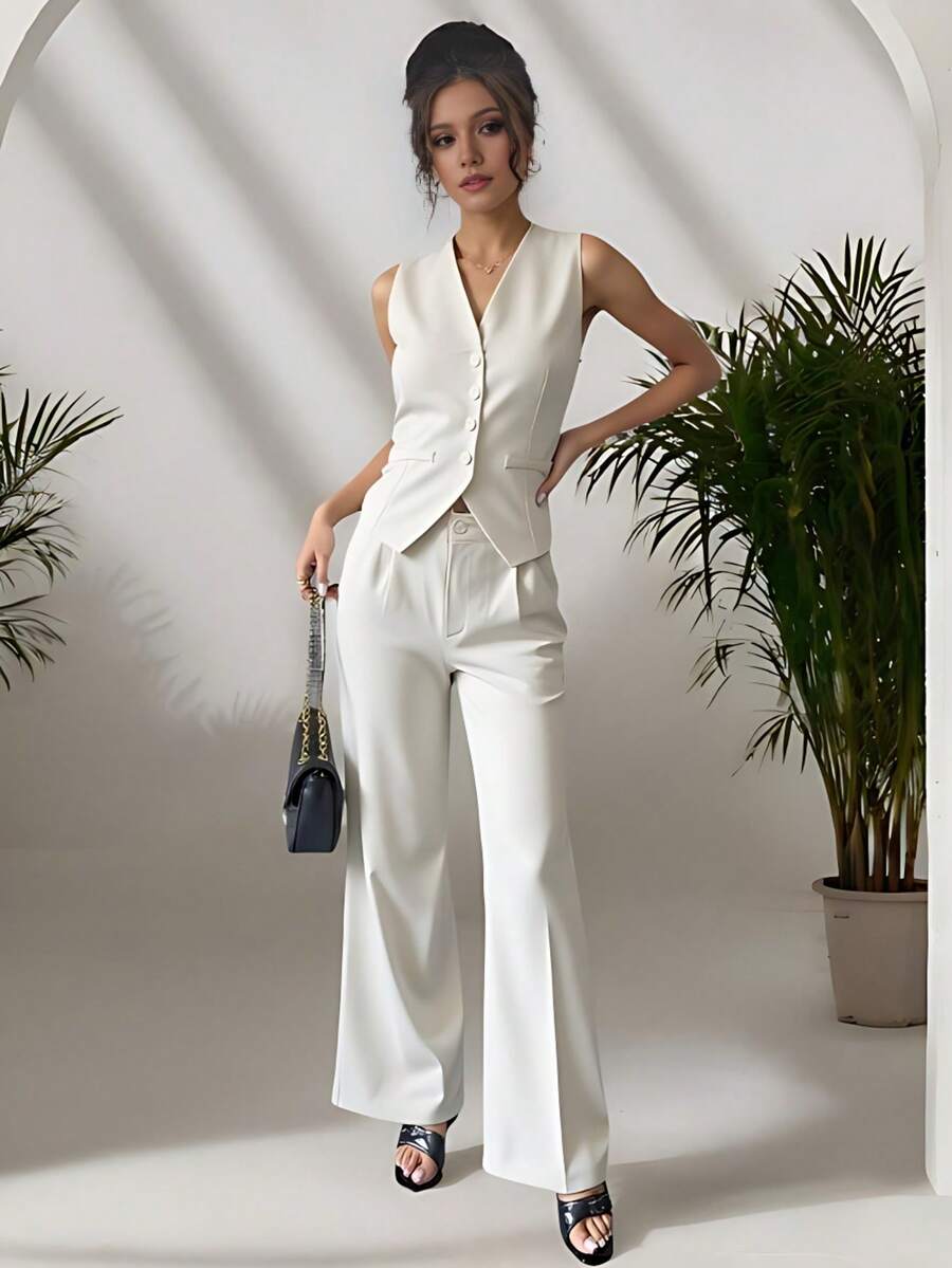 Zalla Conjunto colete curto e calça de alfaiataria feminino com botões social e elegante