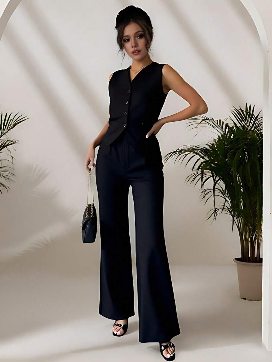 Zalla Conjunto colete curto e calça de alfaiataria feminino com botões social e elegante