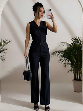 Zalla Conjunto colete curto e calça de alfaiataria feminino com botões social e elegante