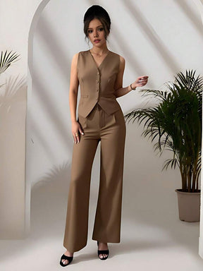 Zalla Conjunto colete curto e calça de alfaiataria feminino com botões social e elegante