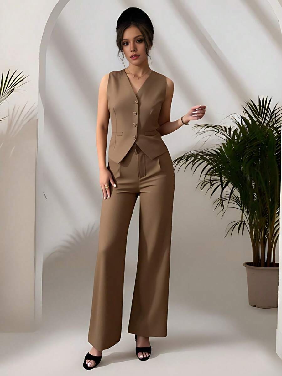 Zalla Conjunto colete curto e calça de alfaiataria feminino com botões social e elegante