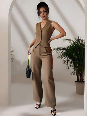 Zalla Conjunto colete curto e calça de alfaiataria feminino com botões social e elegante