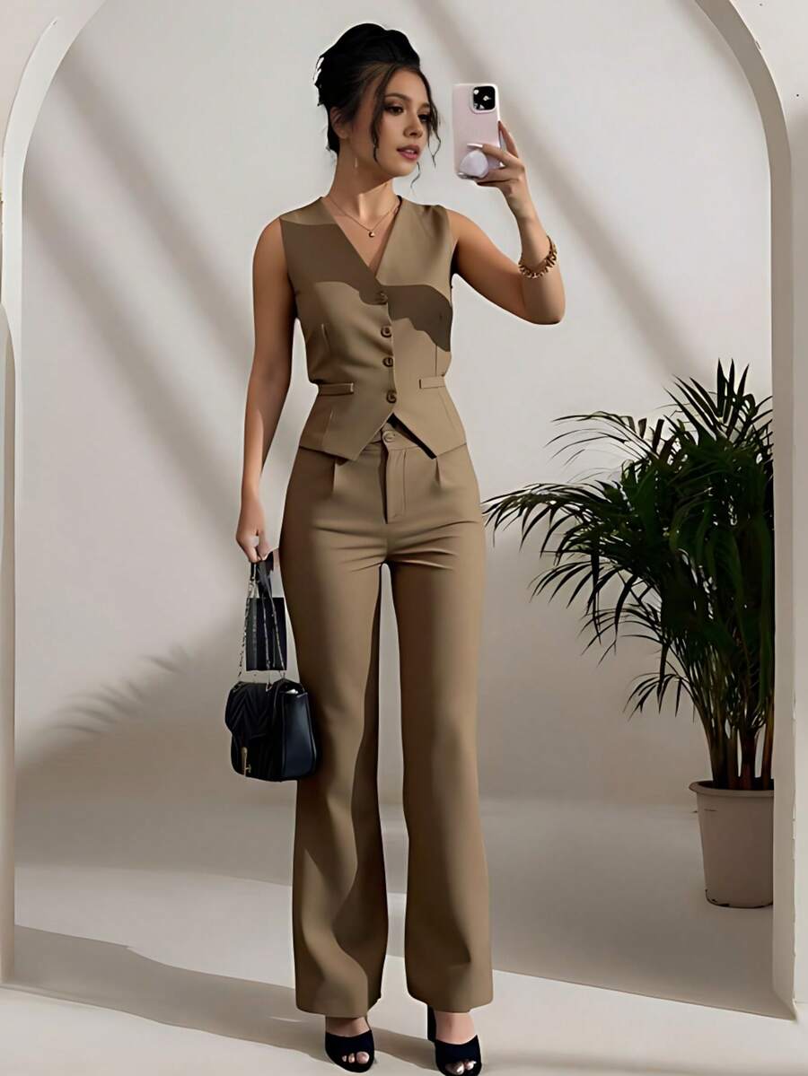 Zalla Conjunto colete curto e calça de alfaiataria feminino com botões social e elegante