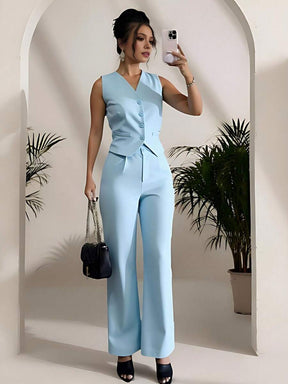 Zalla Conjunto colete curto e calça de alfaiataria feminino com botões social e elegante