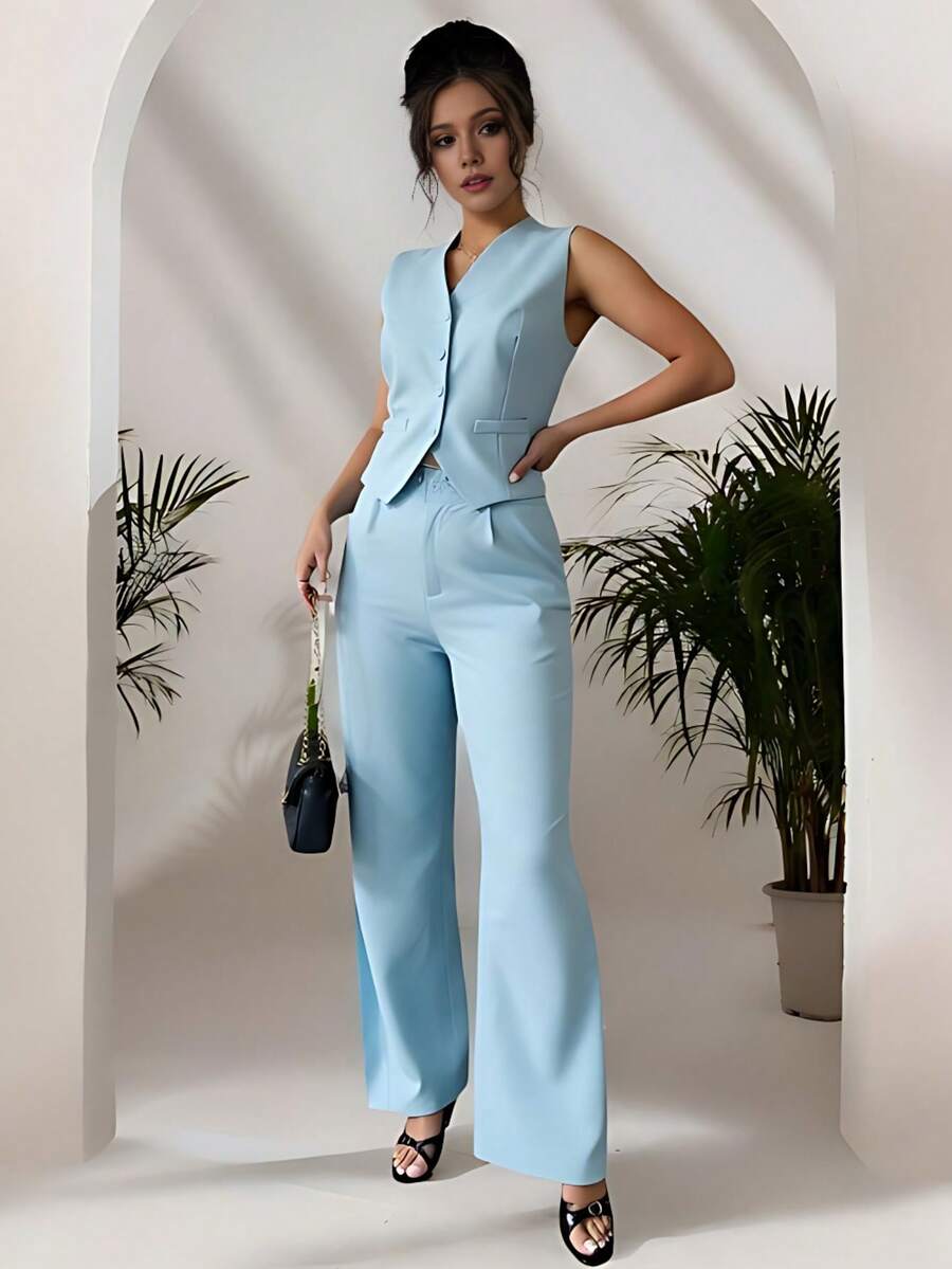 Zalla Conjunto colete curto e calça de alfaiataria feminino com botões social e elegante