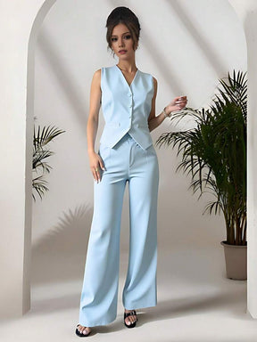 Zalla Conjunto colete curto e calça de alfaiataria feminino com botões social e elegante