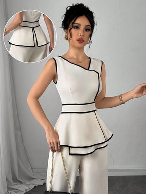 Modelyn Macacão Feminino com Recorte Contrastante e Barra Assimétrica sem Manga