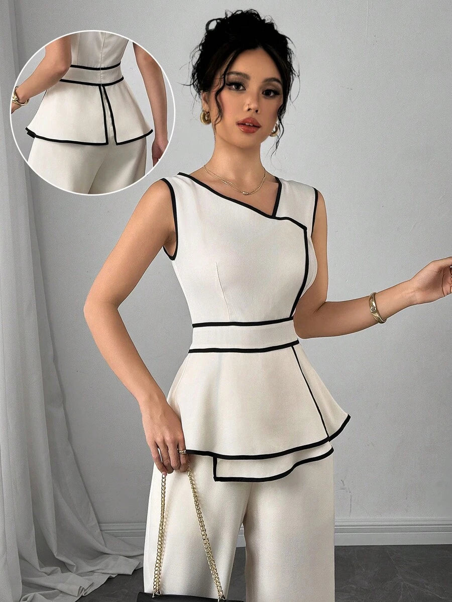 Modelyn Macacão Feminino com Recorte Contrastante e Barra Assimétrica sem Manga