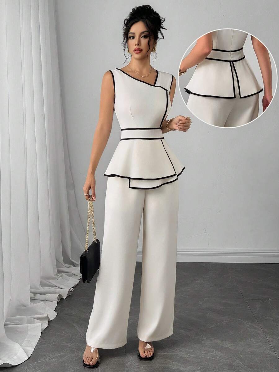 Modelyn Macacão Feminino com Recorte Contrastante e Barra Assimétrica sem Manga