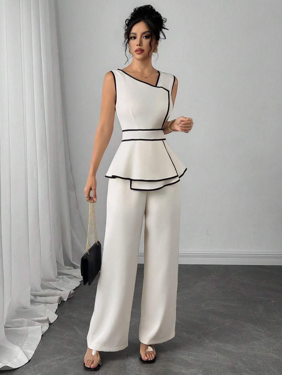 Modelyn Macacão Feminino com Recorte Contrastante e Barra Assimétrica sem Manga